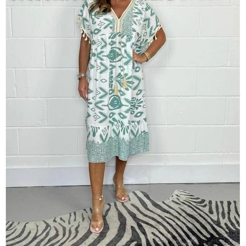 Celeste™ | Robe caftan imprimée à manches frangées