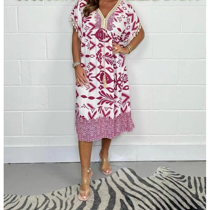 Celeste™ | Robe caftan imprimée à manches frangées