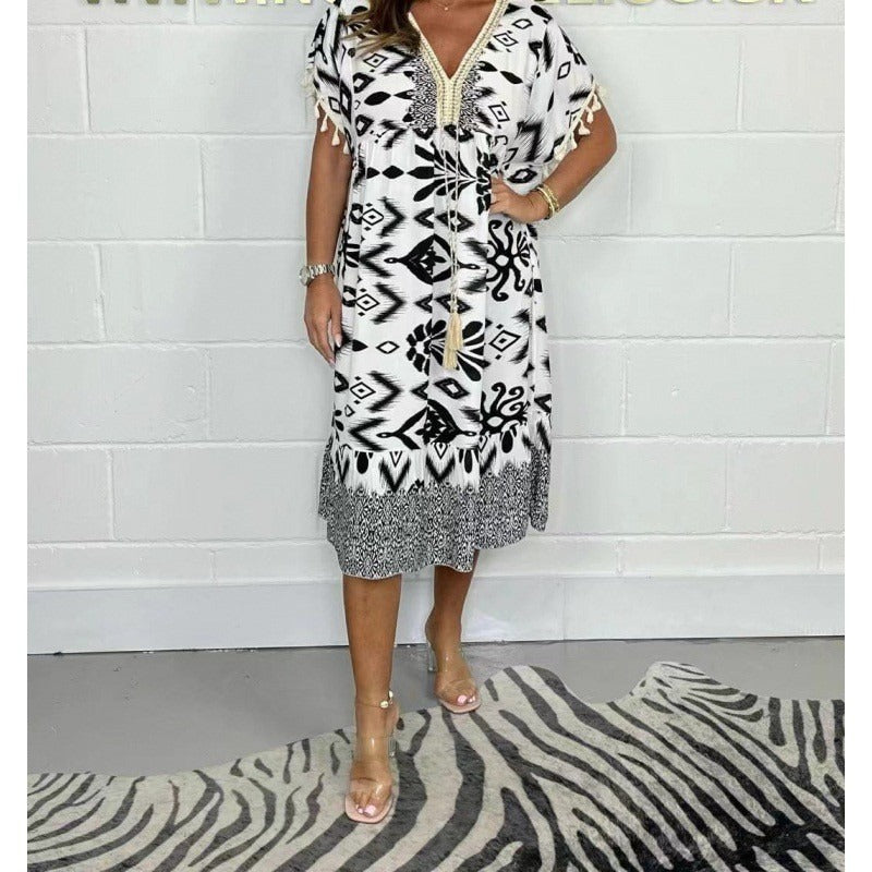 Celeste™ | Robe caftan imprimée à manches frangées