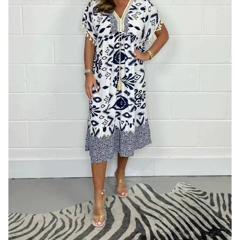 Celeste™ | Robe caftan imprimée à manches frangées